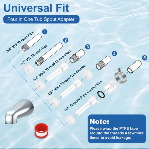 Diagram of tub spout adapter connections with chrome tub shower trim kit fittings labeled by size and type for easy installation.