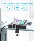 Straight Up Solid Desk Clamp Power Strip With Nine AC Outlets And Eight USB Ports For Stacked 40W Fast Charging mounted on a desk.