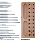 Roll Pin Punch Set With Steel Center Punch And Nail Punch In Beech Block Case showing pin, roll, and solid punches sizes labeled.