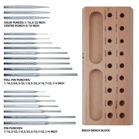 Roll Pin Punch Set With Steel Center Punch And Nail Punch In Beech Block Case showing pin, roll, and solid punches sizes labeled.