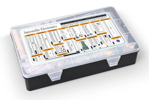 Box of Ultimate Electronics Component Kit With Resistors, Capacitors, Inductors, Diodes, Transistors, Potentiometers, ICs, LEDs.