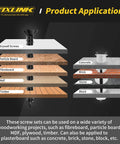 Illustration of wood screws application in drywall, particle board, MDF, timber, concrete, brick, stone, and block.