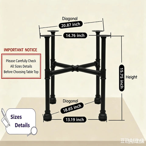 Industrial Pipe Table Legs Set Heavy Duty Metal X Shaped Base dimensions with 400 lb capacity.