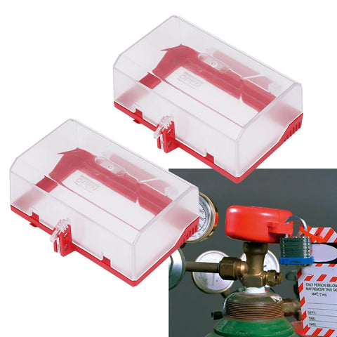Two Pack Emergency Stop Button Cover Kit, Push Button Switch Cover, in transparent resin, shown securing industrial valve