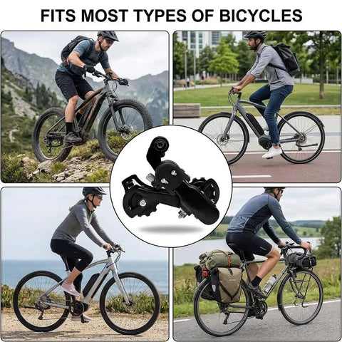 Cyclists on diverse bikes with 6 to 7 speed direct mount rear derailleur for mountain bike, commuter, and folding bike upgrade.