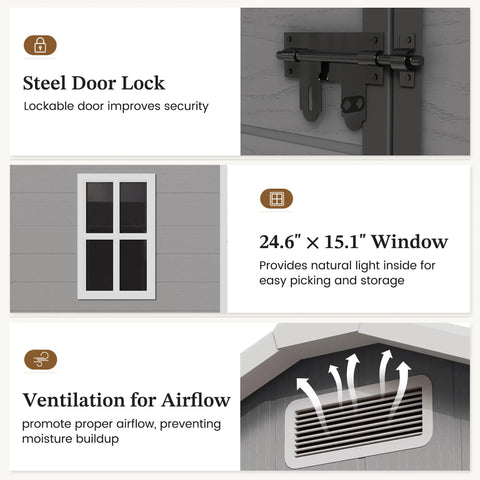 Features of Spacious 6x4 Outdoor Storage Shed With Floor: steel door lock, 24.6" x 15.1" window, ventilation for airflow