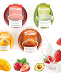 Set Of Four Reusable Fruit And Veggie Savers For Keeping Avocados Tomatoes Apples Garlic And Onions Fresh Longer In The Fridge Space Saving Design Makes Kitchen Organization Easy. Four color-coded pods with fruits.