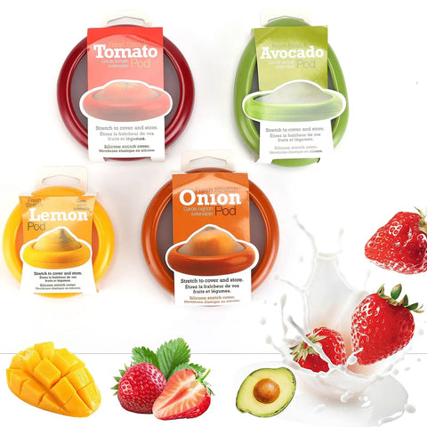 Set Of Four Reusable Fruit And Veggie Savers For Keeping Avocados Tomatoes Apples Garlic And Onions Fresh Longer In The Fridge Space Saving Design Makes Kitchen Organization Easy. Four color-coded pods with fruits.
