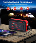 Hardcore 4500 Amps 12V Portable Jump Starter For Cars Boats And Lawnmowers Straight Up Heavy Duty Emergency Booster Pack shown with mobile devices.