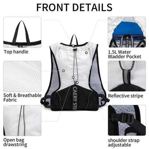 Front details of olive green Ultralight Hydration Vest Backpack with 1.5L water reservoir and breathable nylon