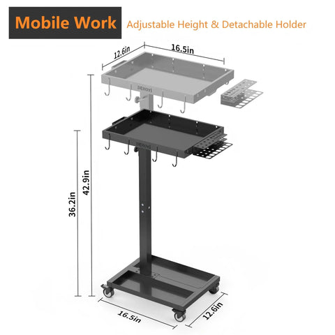 Adjustable Height Tool Cart With Wheels For Garage And Workshop, 36.2 To 42.9 Inch Height Range, Heavy Duty Metal Rolling Tool Tray Table