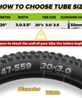 Diagram showing how to choose tube size for 2 Pack Fat Tire Bike Inner Tubes 20x3.0 20x3.3 20x3.5 With Schrader Valve And 2 Tire Levers.