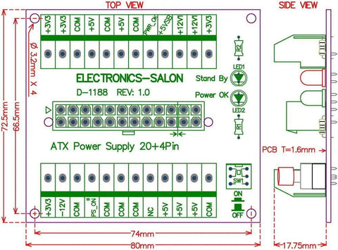 Diagram of 24-20 Pin ATX DC Power Supply Breakout Board Module with Standby and Power LEDs, top and side view, 74mm x 80mm dimensions.