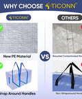Comparison of Six Pack Extra Large Moving Bags Heavy Duty With Zippers And Carrying Handles to other bags; shows material and handles.