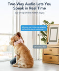 Child using two-way audio feature of 2.4GHz Indoor Security Camera System 1080P Home Surveillance Kit With Motion Detection, pet dog nearby.