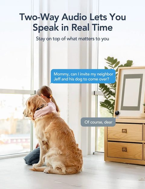 Child using two-way audio feature of 2.4GHz Indoor Security Camera System 1080P Home Surveillance Kit With Motion Detection, pet dog nearby.