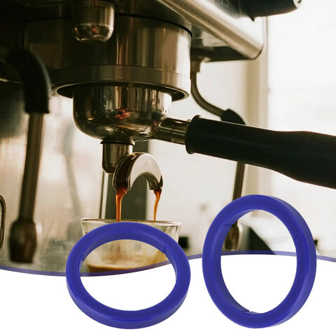2 Pack Silicone Group Head Gaskets For E61 Espresso Machines Group Heads And Portafilters 8.5mm Blue Durable BPA Free High Temperature Resistant Easy Swap For Quick Replacements visible near espresso machine.