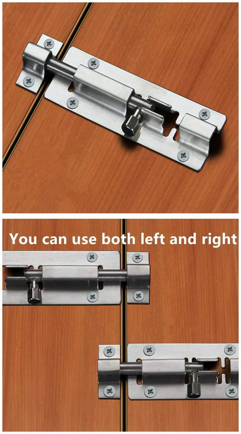 Heavy Duty Sliding Door Latch Lock 5 Inch Barrel Gate Bolt Set In Solid Stainless Steel, installed on wooden doors