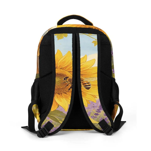 Back view of Go To Unisex Daypack With Large Capacity Sunflower Lavender Bee Farm Print Polyester Backpack with straps visible