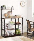 Hella Sturdy Five Tier Industrial Wooden Baker Rack Heavy Utility Storage Shelf No Fuss Oven Stand with books and plants.