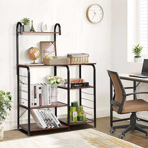 Hella Sturdy Five Tier Industrial Wooden Baker Rack Heavy Utility Storage Shelf No Fuss Oven Stand with books and plants.