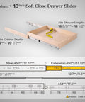 Heavy Duty 18 Inch Soft Close Drawer Slides With Full Extension For Cabinets And Dressers 6 Pairs 100 Lb Capacity Smooth Glide No Slam Close Rust Resistant Ball Bearing Hardware, shown with dimensions and installation guide