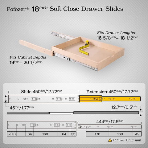 Heavy Duty 18 Inch Soft Close Drawer Slides With Full Extension For Cabinets And Dressers 6 Pairs 100 Lb Capacity Smooth Glide No Slam Close Rust Resistant Ball Bearing Hardware, shown with dimensions and installation guide