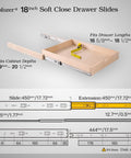 Diagram showing 18 Inch Beefy Soft Close Drawer Slides Set for Cabinets and Dressers with dimensions and extension details.