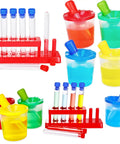 30 Piece Science Test Tubes Set With Clear Plastic Tubes Caps Paint Cups Storage Stand And Droppers For Kids with colorful liquids