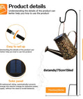Solar Powered Watering Can Lantern Lights For Garden Decor hanging on hook with solar panel and copper string lights displayed.