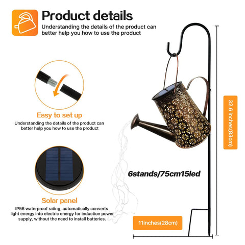 Solar Powered Watering Can Lantern Lights For Garden Decor hanging on hook with solar panel and copper string lights displayed.