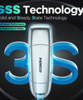 1TB Portable SSD With USB 3.2 Gen 2 Up To 1000 MBps USB A And USB C, rugged zinc alloy, displaying SSS technology.