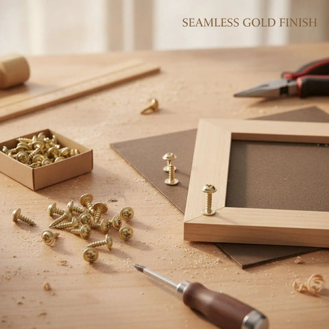 Gold Self Tapping Wood Screws With Integrated Washers, Countersunk Head Fasteners for Picture Frames on wooden table