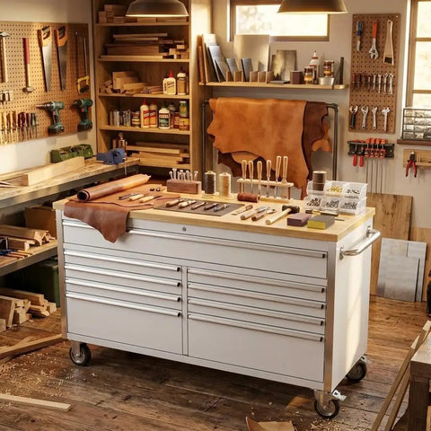 Beefy 61 Inch Tool Chest With 9 Deep Drawers And 4 Smooth Rolling Wheels For Garage Workshop And Warehouse Storage Heavy Duty Tool Box Cabinet In Sliver Finish, white metal chest in workshop