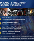 Image showing symptoms of faulty fuel pump assembly, including hard starting, stalling, power loss, and noise.
