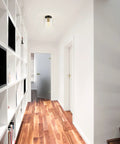 Polly 1 Light Flush Mount Ceiling Light With Black Finish, Clear Glass Shade, Antique Brass Socket in modern hallway.
