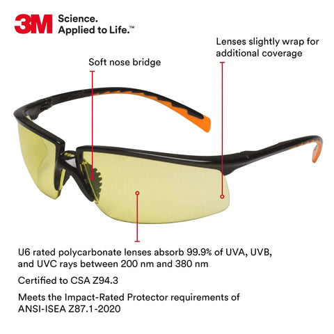 Anti Fog Amber Lens Safety Glasses With Black Frame European Style ANSI Z87 Eye Protection with soft nose bridge and wrap design