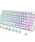 Fresh White 75 Percent Wireless Mechanical Keyboard With Volume Dial Knob And Hot Swap Sockets Tri Mode Bluetooth Usb C Wired Rgb Backlit from top angle with colorful keycaps.