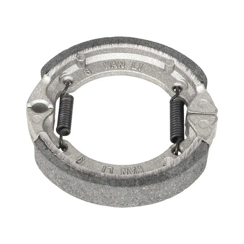 Front Drum Brake Pad For Electric Scooter Replacement Shoe Kit in silver aluminum alloy, detailed view with springs visible.