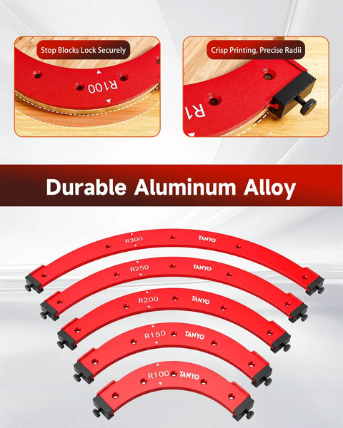 Five Piece Router Corner Radius Template Set featuring smooth curved edges, red aluminum alloy, perfect for woodworking projects.