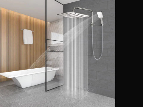 All Metal 3 Way Shower Arm Diverter Valve With 16 Inch Shower Head Extension Arm And High Rise Extender in use in modern bathroom