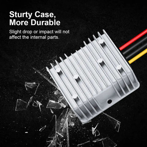 Close-up of 48V To 12V DC-DC Step-Down Regulator Converter 360W 30A Waterproof IP68 with rugged aluminum casing over broken glass.
