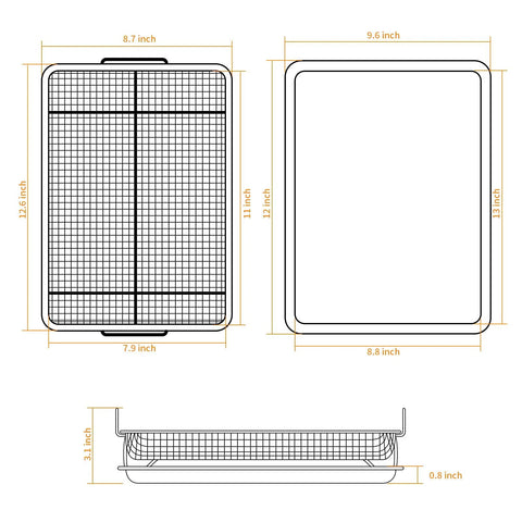 Diagram of Stainless Steel Air Fryer Basket and Crisper Tray 13x9.6 Inch 2-Piece Set dimensions for Oven Toaster Oven Convection