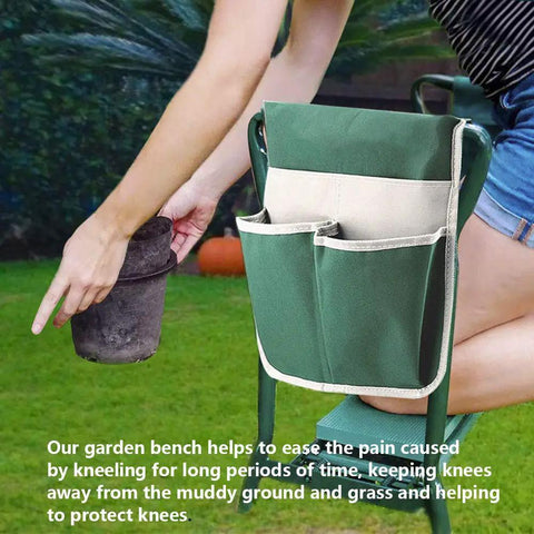 Heavy Duty Garden Kneeler And Seat Stool With Folding Bench Large Tool Pocket in use for weeding with soft EVA kneeling pad