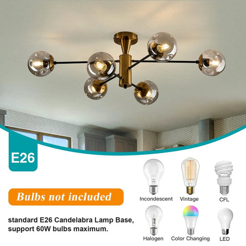 6-Light Sputnik Gold Ceiling Light Fixture With Glass Globe, Semi-Flush Mount, Mid-Century Chandelier in room setting