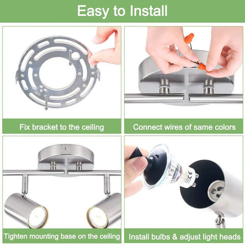 Installation steps for 4 Light Brushed Nickel Track Lighting Kit with Adjustable GU10 Heads, showing assembly and wiring.