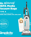 HEPA Vacuum Bag Set For S20EZM Upright Cleaners Type A 6 Pack displayed with Simplicity upright vacuum