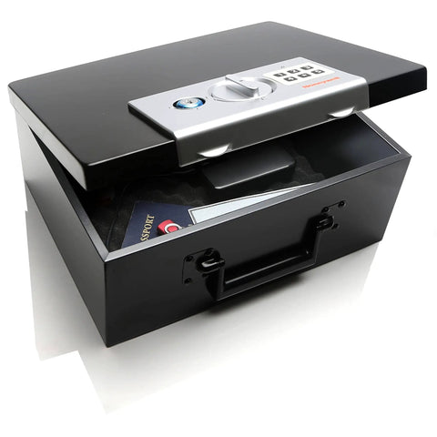 Compact Fireproof Safe Box With Digital Keypad Lock For Home Use, Stash Safe for jewelry, cash, and documents, open view.