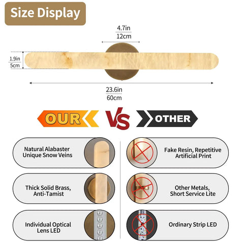 Size display image of Natural Alabaster Brass Wall Sconce, showing dimensions and distinguishing features.