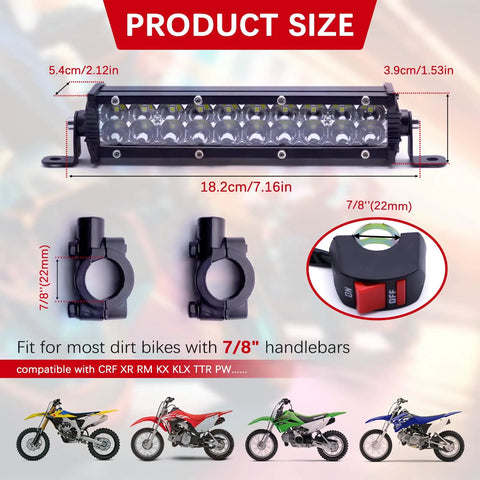 Beefed Up Dirt Bike Light Bar 60W 2500LM Plug N Play Front Headlight Kit For 7 8 Inch Handlebars dimensions and components